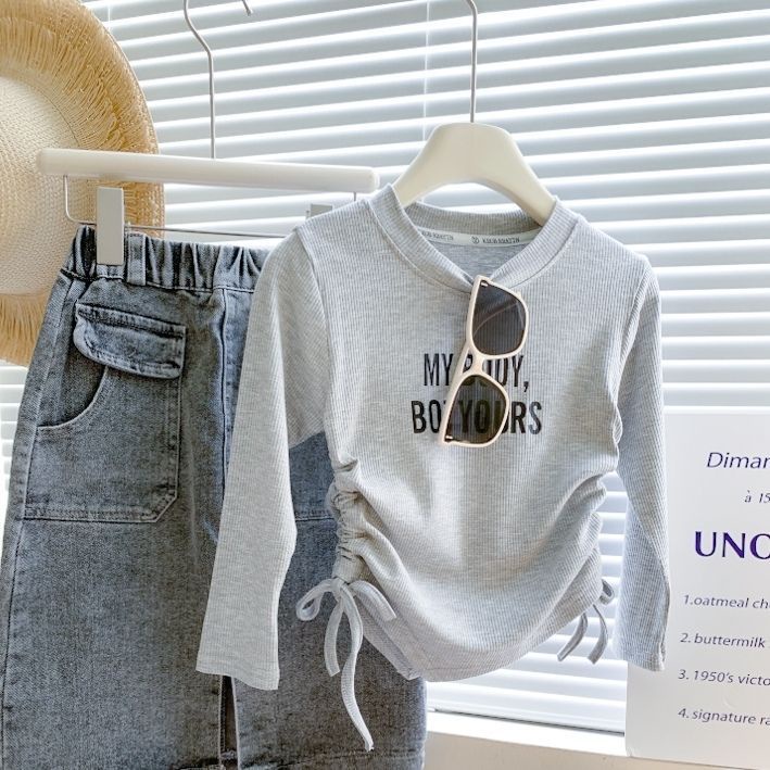 Thời Trang Áo Thun Tay Dài Co Giãn In Chữ Hai Mặt Phối Dây Rút Phong Cách Hàn Quốc Xuân Thu 2024 Cho Nữ