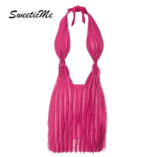 SweeticMe Váy Nữ Thời Trang Mới Màu Trơn Gợi Cảm Dây Lưng Slim Fit Mini Đầm