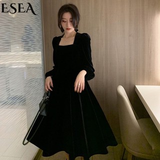 EAES Đầm Nhung Dài Tay Cổ Vuông Màu Đen Thời Trang Thu Đông Phong Cách Pháp Cho Nữ