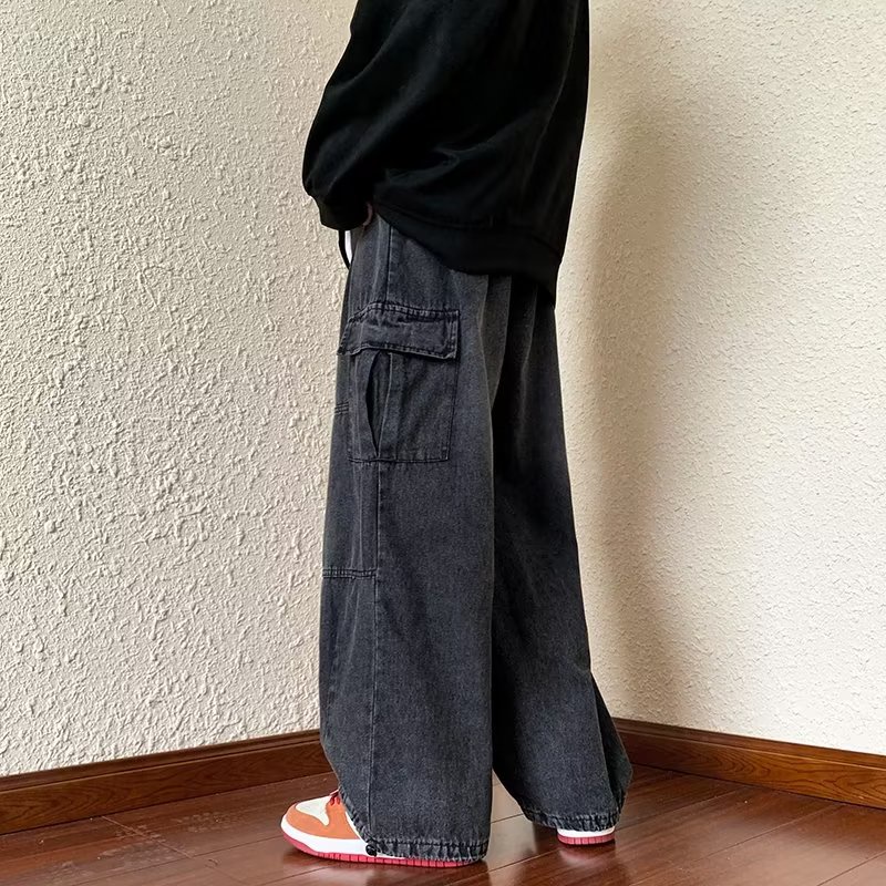 Thời Trang Quần Jean Dài Ống Rộng Màu Trơn Phối Túi Phong Cách hip hop Cá Tính Cho Nam