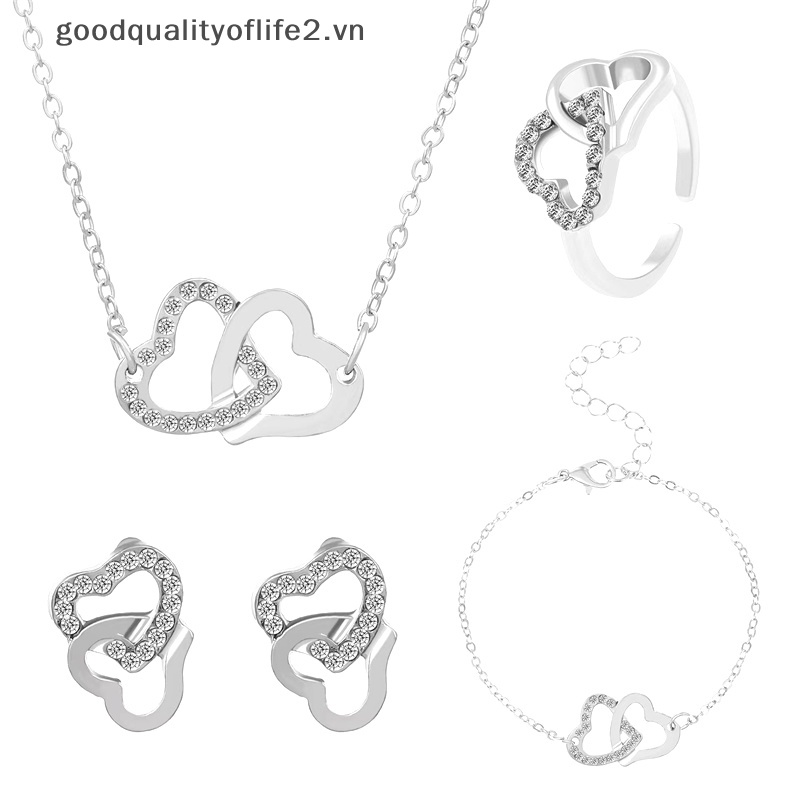 Set 5 Vòng cổ / Nhẫn / Bông Tai Hình Trái Tim Đôi Đính Kim Cương Giả Cho Nữ