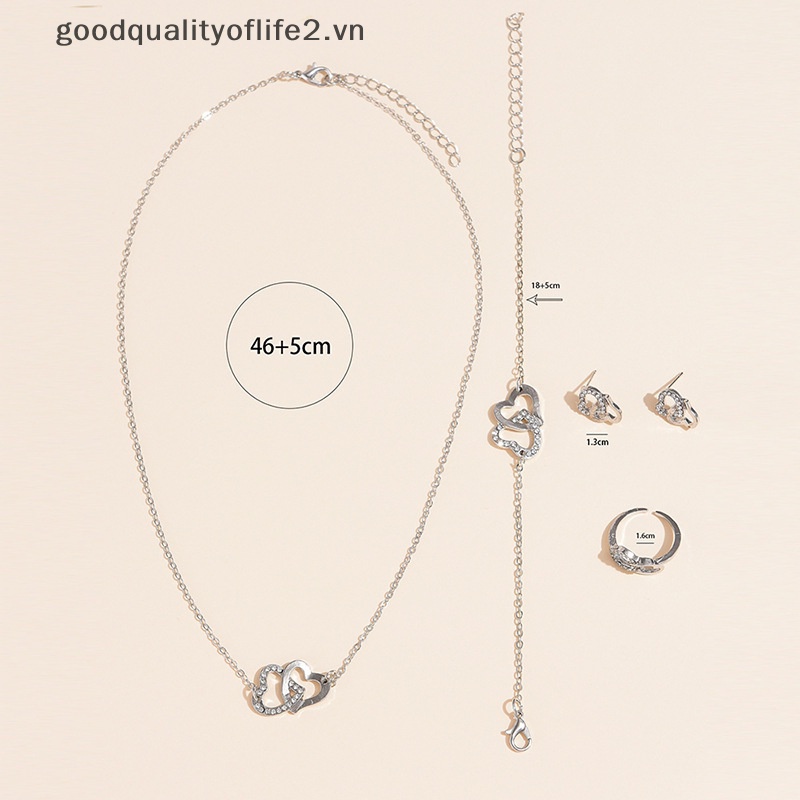 Set 5 Vòng cổ / Nhẫn / Bông Tai Hình Trái Tim Đôi Đính Kim Cương Giả Cho Nữ
