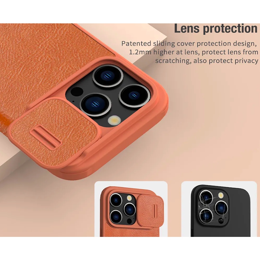Bao da dành cho iPhone 15 Pro Max, 15 Pro hàng chính hãng Nillkin QIN có nắp trượt bảo vệ camera - Hàng nhập khẩu