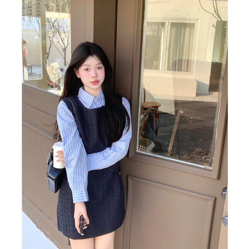 Set Áo Thun Dài Tay Cổ Tròn + Chân Váy Yếm Thời Trang Nữ