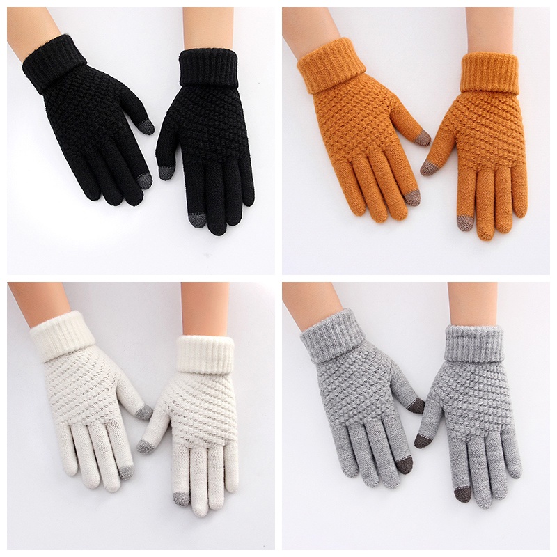 Găng Tay Len Dày Màu Trơn Giữ Ấm Có Thể Chạm Màn Hình Cảm Ứng