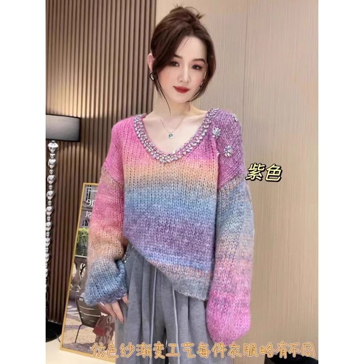 Áo Len Sáp Mềm Chui Đầu Dáng Rộng Đính Hạt Kim Cương Kiểu Công Nghiệp Thời Trang Thu Đông Cho Nữ