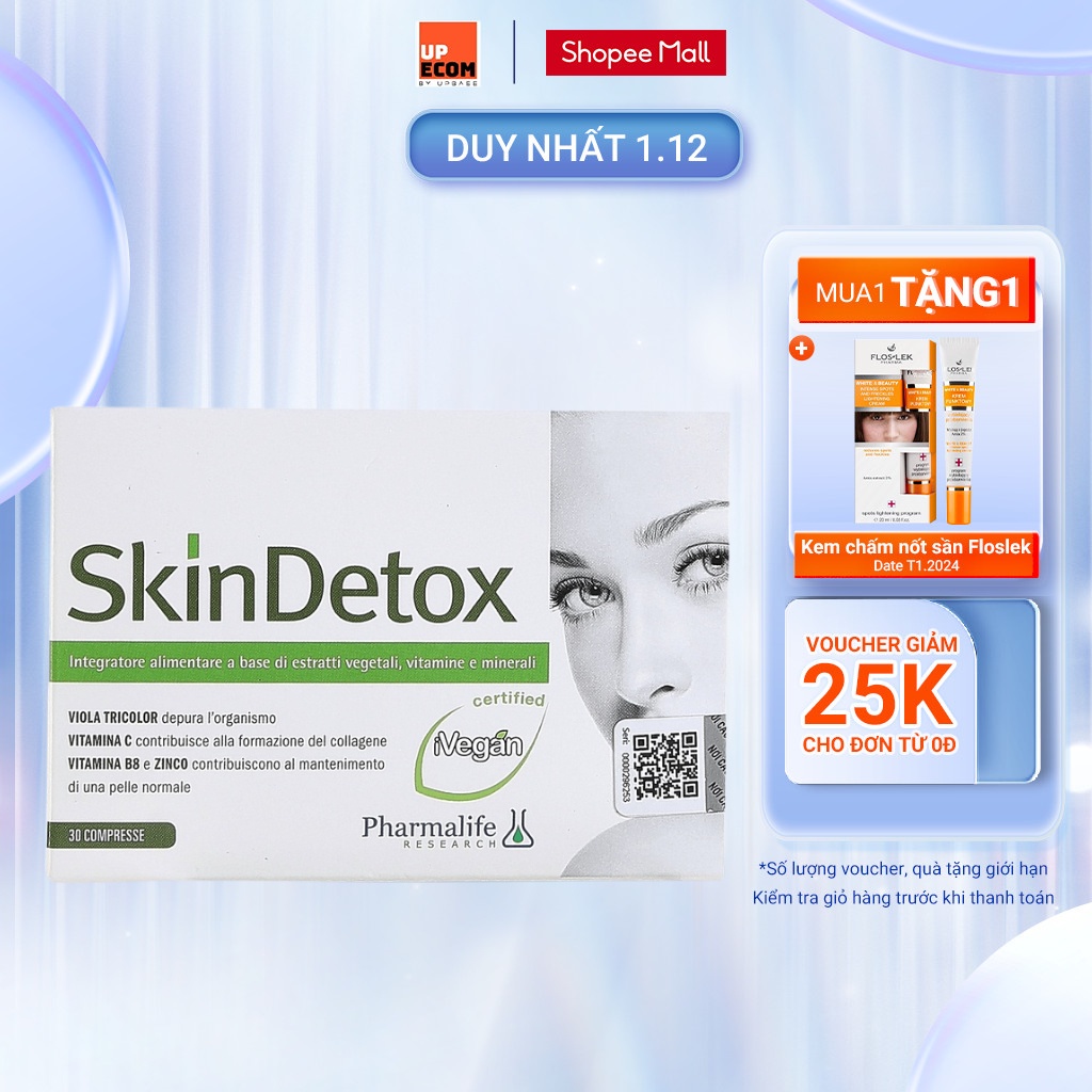 Viên uống Skin Detox Pharmalife hỗ trợ giảm mụn, giảm dầu nhờn giúp tăng cường đề kháng và dưỡng ẩm hộp 30