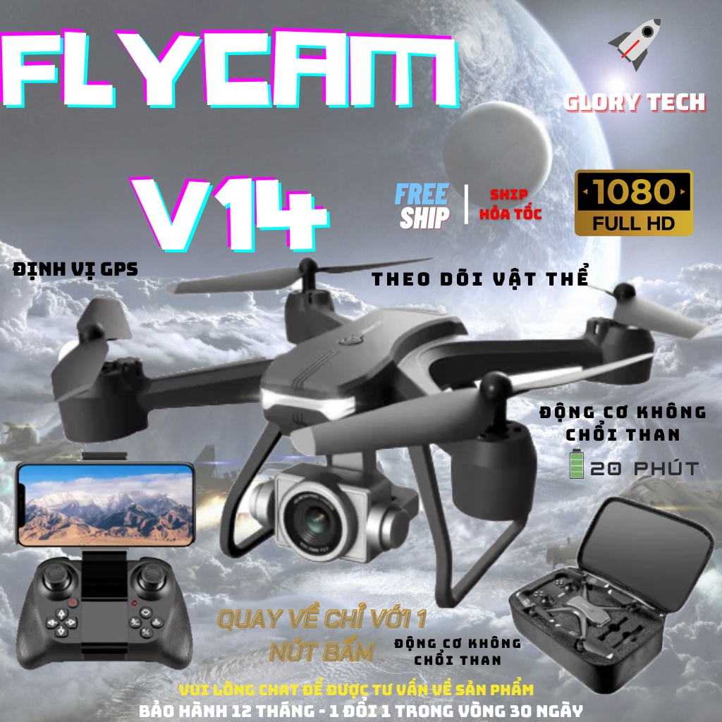 Flycam V14 - Máy bay không người lái, Drone có camera 4k, động cơ không chổi than, hàng chính hãng, cảm biến 3 chiều