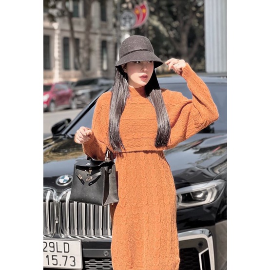 Sét đầm bầu SVL785 đầm len thừng sát nách kèm áo len croptop dài tay Tira Mama