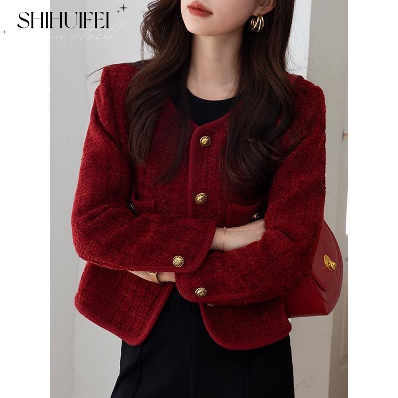SHIHUIFEI Áo khoác dạ tweed áo dạ tweed đỏ Thoải mái Thanh lịch INS Popular WJK23C00UD 48Z231201