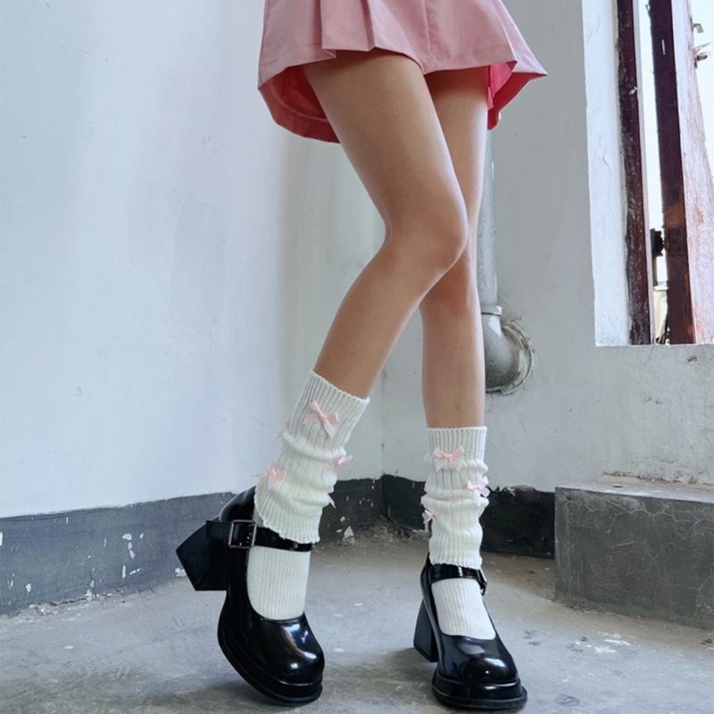 Tất Dệt Kim Giữ Ấm Chân Phối Nơ Dễ Thương Phong Cách Nhật Bản Cho Nữ