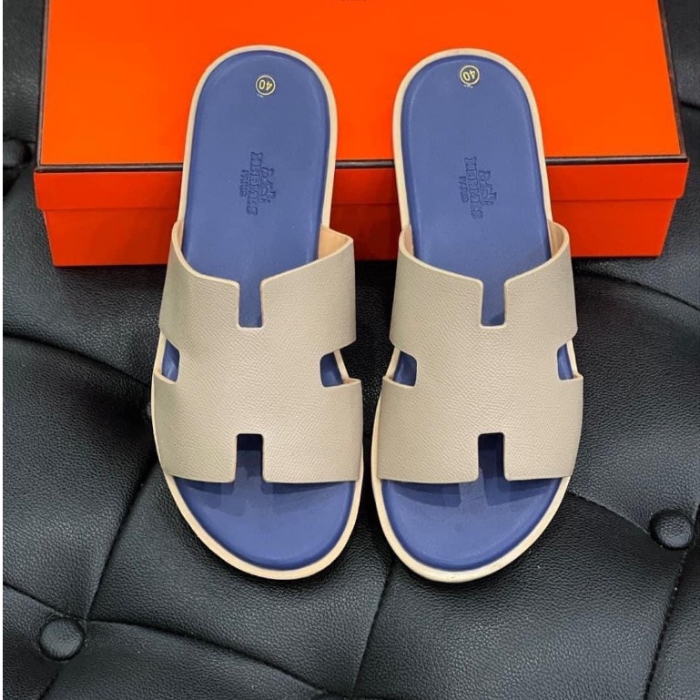 Dép lê nam quai ngang HM da Pu hình chữ H trơn sần đế phíp gỗ vàng nổi logo chữ ngựa boy phố DL41P