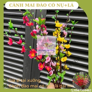 Cành hoa đào, hoa mai giả có nụ, lá loại 5 nhánh - cành đào nhựa giả trang hoàng nhà cửa ngày tết beebehome