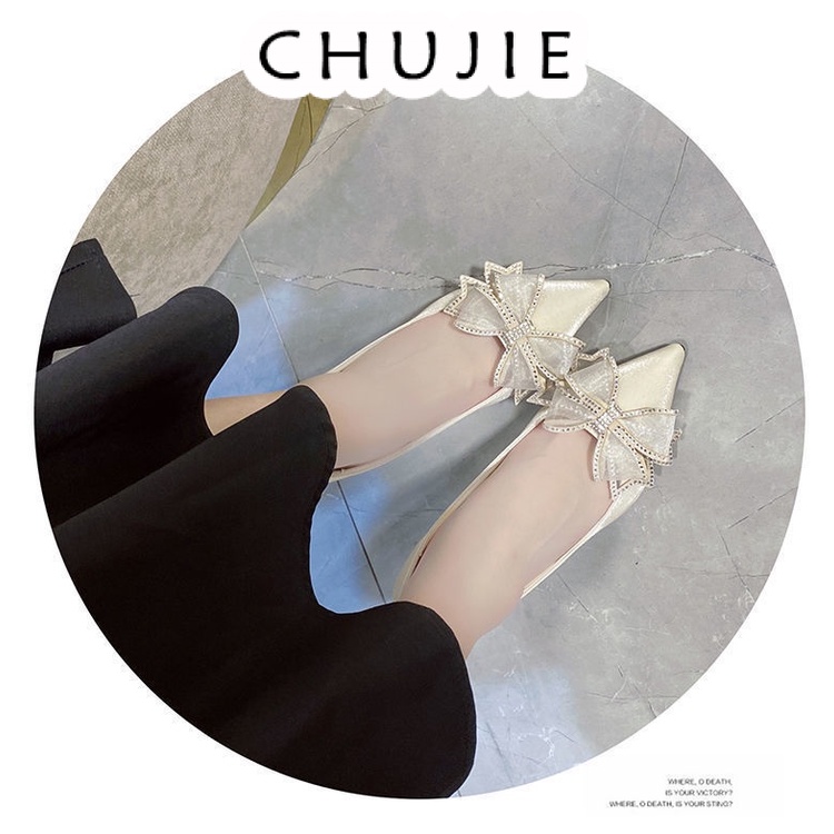 CHUJIE  giày nữ cao gót Giày Cao Gót Mũi Nhọn Quai Nơ Đính Đá Thời trang Phong cách fashion Độc đáo B25G053 36Z230909