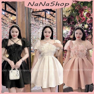Đầm trễ vai cổ yếm phối lông đính bông dáng xòe, Váy trễ vai phối cổ yếm dáng xòe bồng bềnh chất tafta