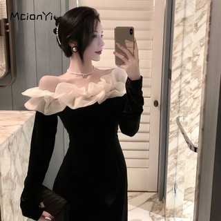 Đầm Đen Tay Dài Kiểu Retro Pháp Thời Trang 2024 Gợi Cảm Cho Nữ