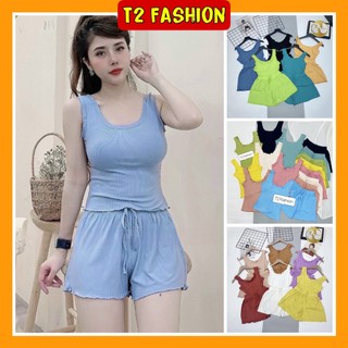 Set đồ ngủ áo ba lỗ viền bèo chất thun tăm co giãn, Bộ ngủ hai dây T001 - T2 Fashion