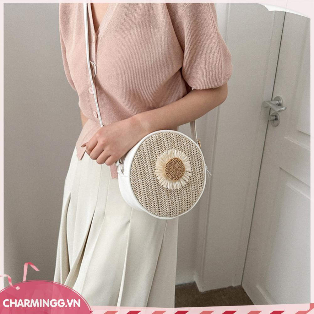 Túi cói Xách Tay Bằng Rơm PU Dệt Hoa Chắp Vá Cho Nữ [charmingg.vn]
