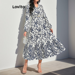 Đầm Lovito tay phồng xếp nếp họa tiết hoa phong cách thường ngày cho nữ LBL11148