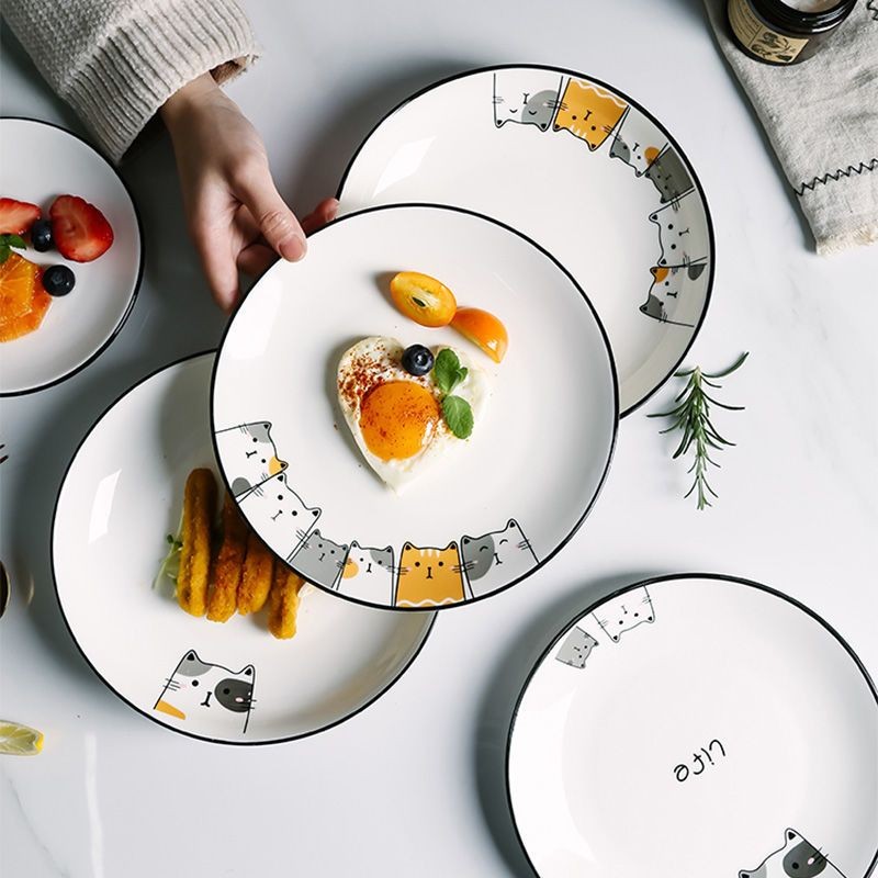 Nordic cat plate vegetable plate deep plate household ceramic set combination square cute creative p