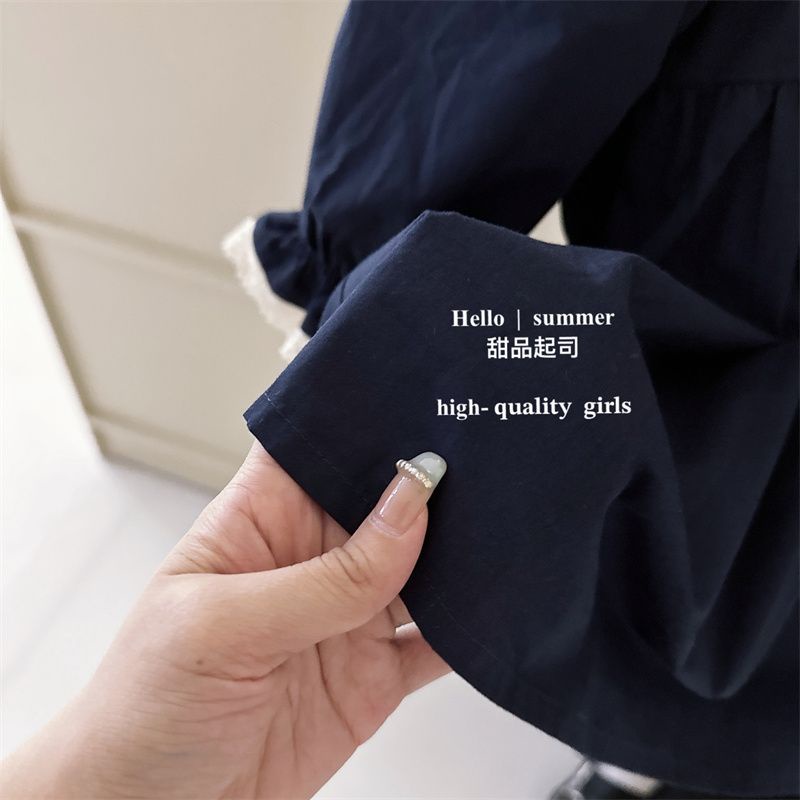 Đầm Công Chúa Tay Dài Cổ Búp Bê Thêu Hình Thỏ Màu Xanh navy Thời Trang Mùa Thu 2023 Dành Cho Bé Gái