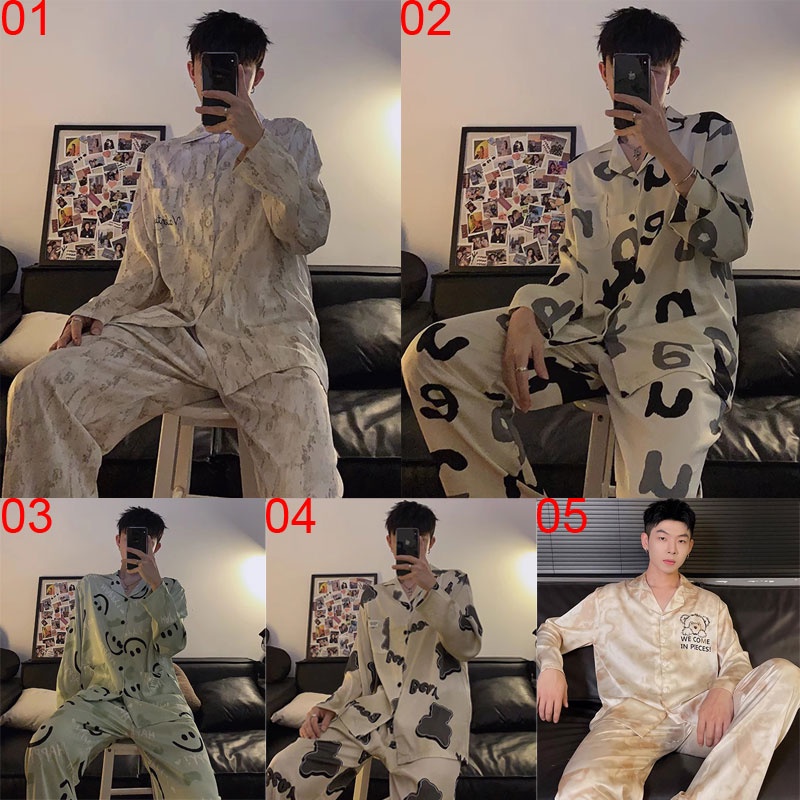 Thời Trang Hàn Quốc Size L-3XL Lụa Satin Bộ Đồ Ngủ Nam Tay Dài Rời Đồ Ngủ Bộ Đồ Ngủ Đồ Ngủ Đồ Ngủ Ho