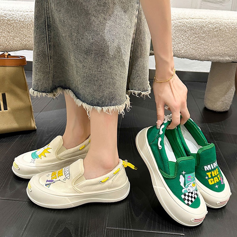 Prowow❤Giày Lười canvas In Hình Hoạt Hình Phong Cách Hàn Quốc Cho Nữ