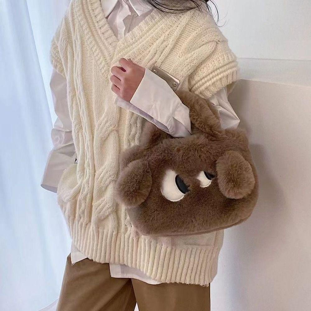 Sweetjohn Túi Xách tote Đeo Vai / Xách Tay Hình Vuông Cỡ Nhỏ Phủ Lông Họa Tiết Hoạt Hình Chú Chó Mắt To Phối Dây Xích Thời Trang