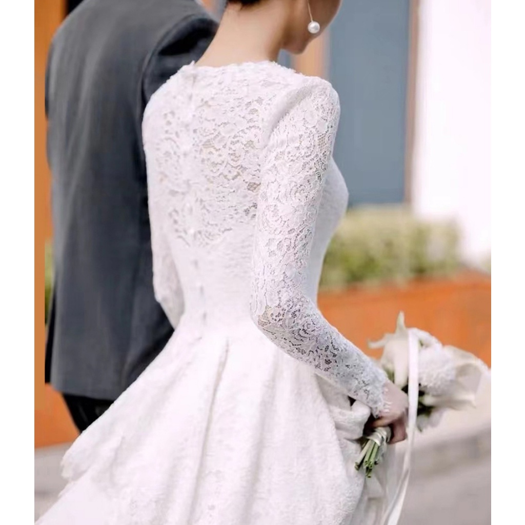 Đầm Cô Dâu Tay Dài Phối Ren Màu Trắng Thời Trang