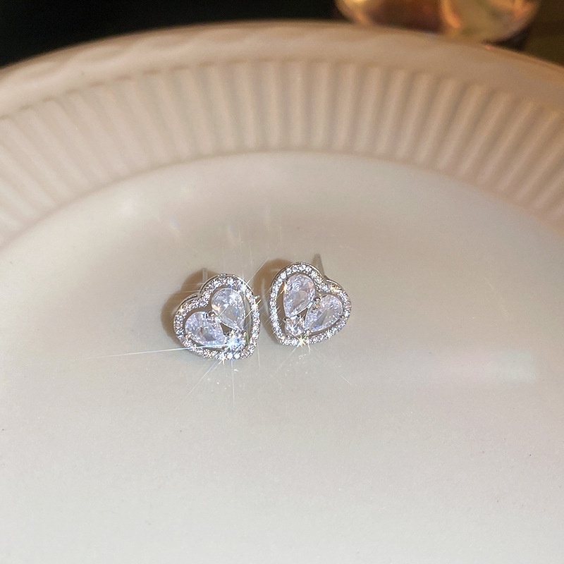 Bông Tai Kim Bạc Đính Đá zircon Hình Trái Tim Đơn Giản Thời Trang Cao Cấp Dễ Phối Đồ Cho Nữ