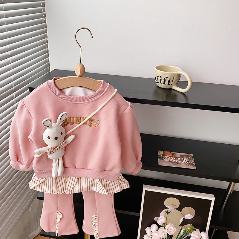 Thời Trang Bộ Áo Thun cotton Tay Dài In Hình Thỏ 2023 Kèm Quần Ống Loe Dành Cho Bé Gái