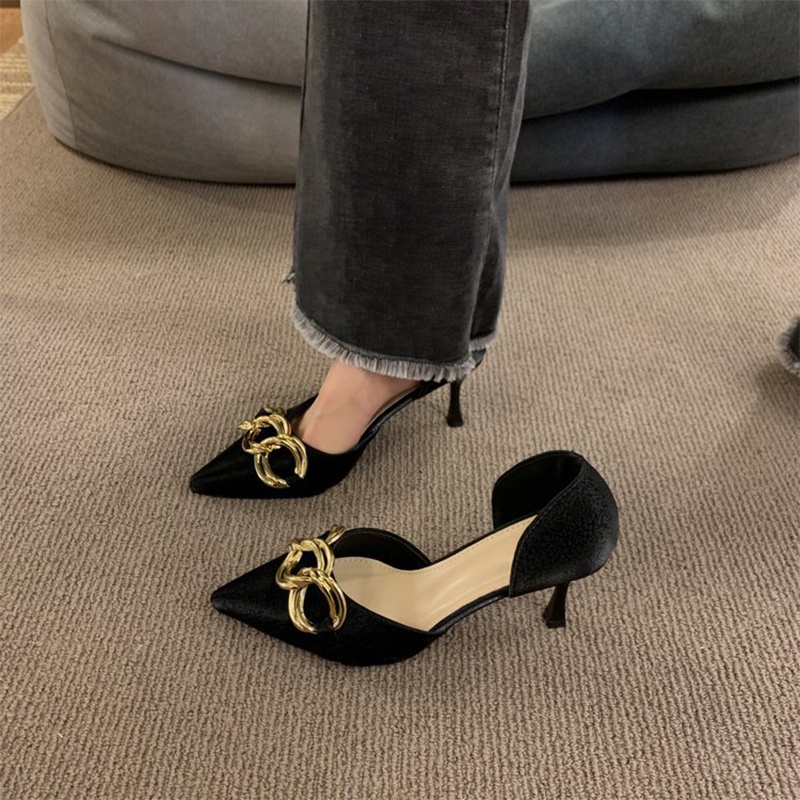 Hong Kong Premium shoes❥Giày Cao Gót Mũi Nhọn Phối Xích Kim Loại Thời Trang Hàn Quốc Dành Cho Nữ