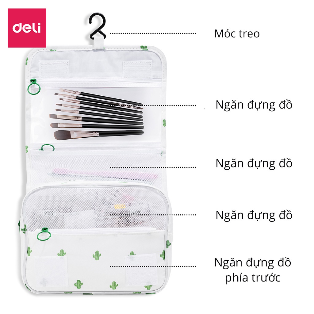 Túi đựng mỹ phẩm du lịch có móc treo Deli, túi đựng đồ cá nhân đồ trang điểm đa năng chống thấm nước