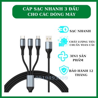 Cáp sạc nhanh 3 đầu Bwoo BO-X274 | sạc cùng lúc 3 thiết bị | sạc nhanh 3A Bh 12 tháng ZINKA