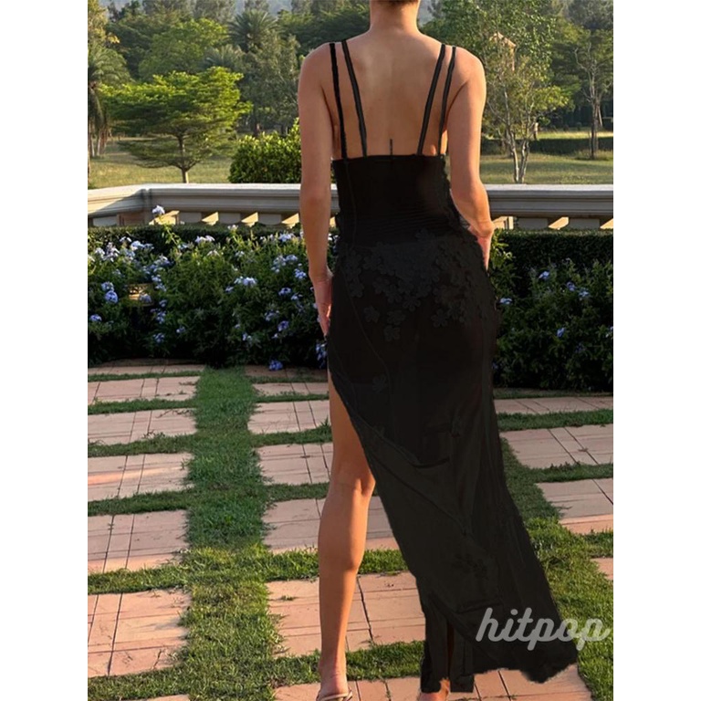 Đầm Dài Không Tay Cổ Chữ v Phối Lưới Xuyên Thấu Họa Tiết Hoa Thời Trang Mùa Hè Cho Nữ