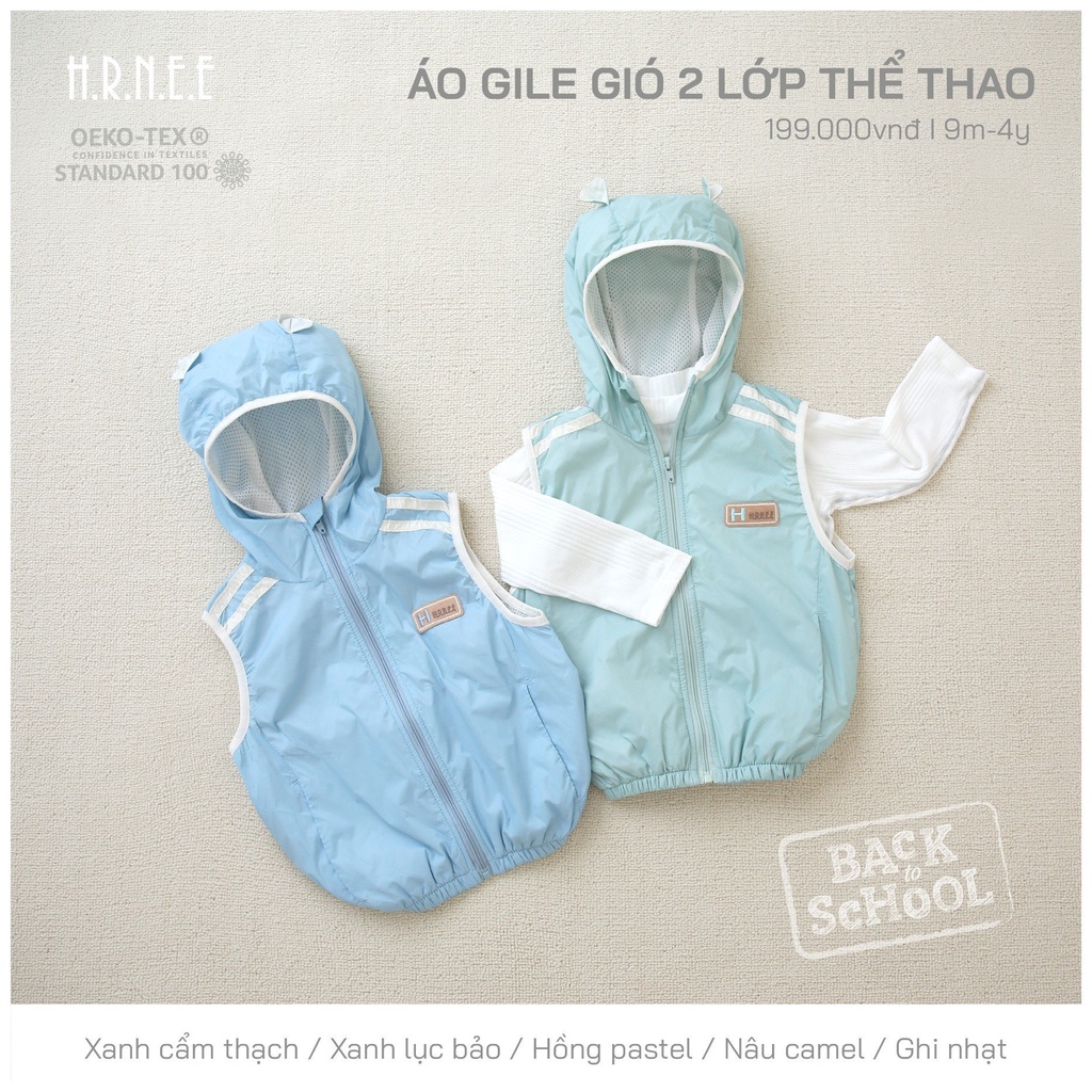 H.R.N.E,E - Áo gile gió 2 lớp có mũ cho bé trai, bé gái từ 6-9m đến 4Y
