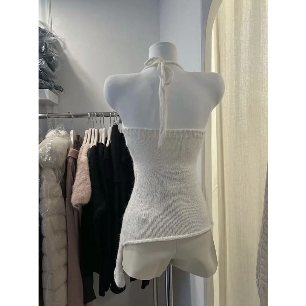 Áo Dệt Kim Sát Nách Dáng Ngắn Màu Trơn Thiết Kế Không Đồng Đều Thời Trang Cho Nữ