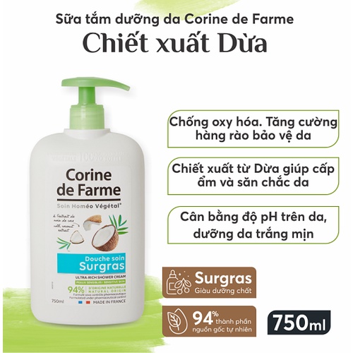 Sữa Tắm Dưỡng Da Corine de Farme Nuôi Dưỡng Và Làm Sạch Nhẹ Dịu Hương Dừa 750ML