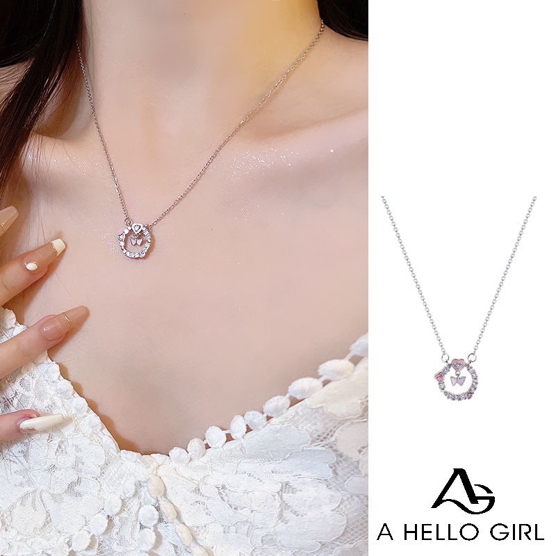 Ahellogirl Vòng cổ Bằng Thép Titan Nhẹ Đính Kim Cương Hình Bướm Hồng Sang Trọng
