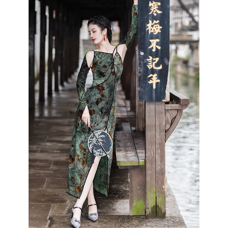 Đầm Sườn Xám Cách Tân Hai Dây Phong Cách Trung Hoa Mới Cao Cấp Cho Nữ