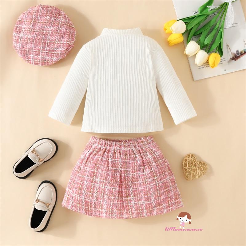 Set Đồ 3 Món Áo Tay Dài Màu Trơn Phối Chân Váy Sọc Ca Rô Thời Trang Xinh Xắn Cho Bé Gái