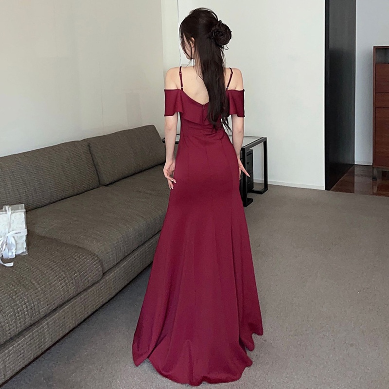 Đầm Trễ Vai Nhún Bèo Dáng Dài tta Thời Trang Cho Nữ