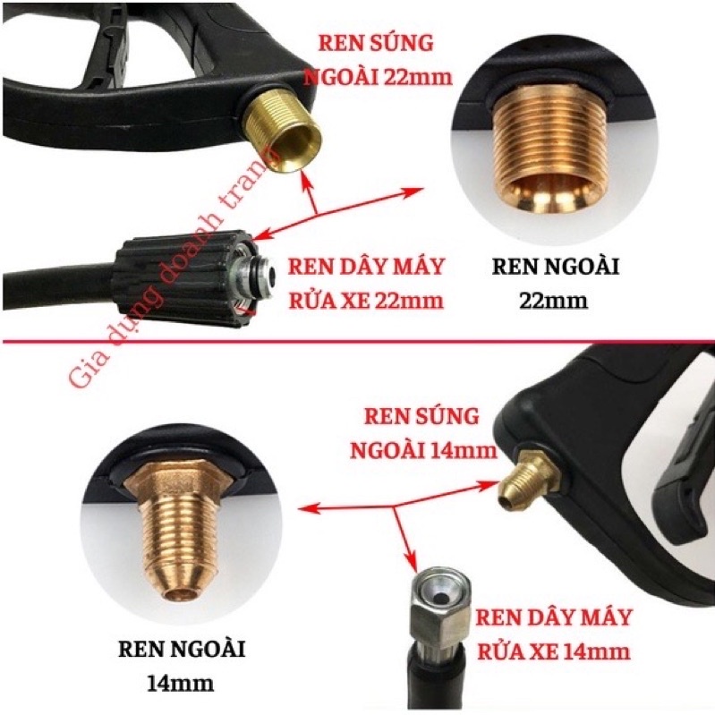 Bộ súng xịt rửa xe và bình phun bọt tuyết cao cấp kèm ống nối inox 36cm cho máy xịt rửa xe ren 22mm và 14mm