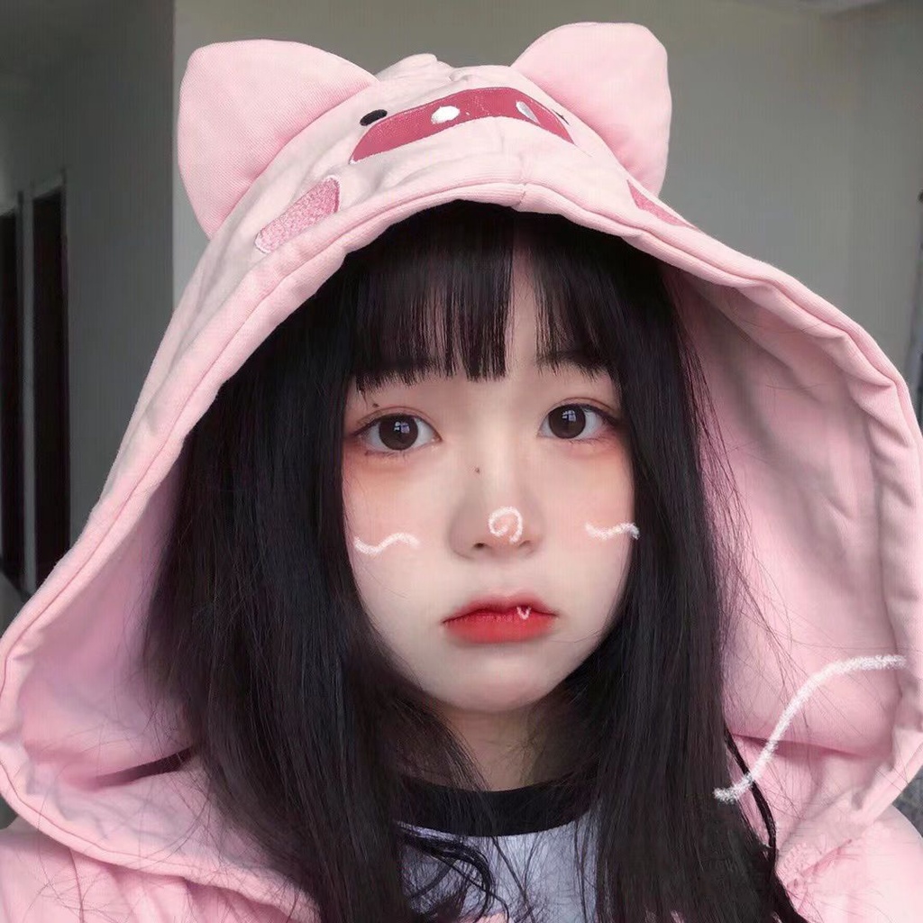 Áo Hoodie Nhung Dày Dặn Dáng Rộng Thêu Hình Chú Heo Dễ Thương Thời Trang Thu Đông Cho Nữ