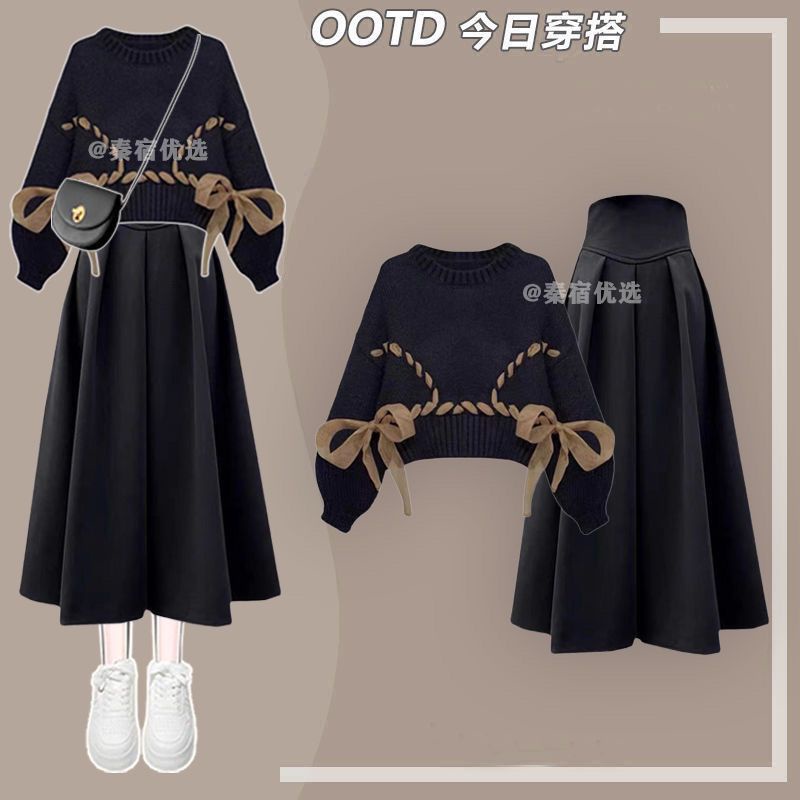 Bộ Áo sweater Đính Nơ Phối Chân Váy Ôm Thời Trang Thu Đông 2023 Mới#0922#
