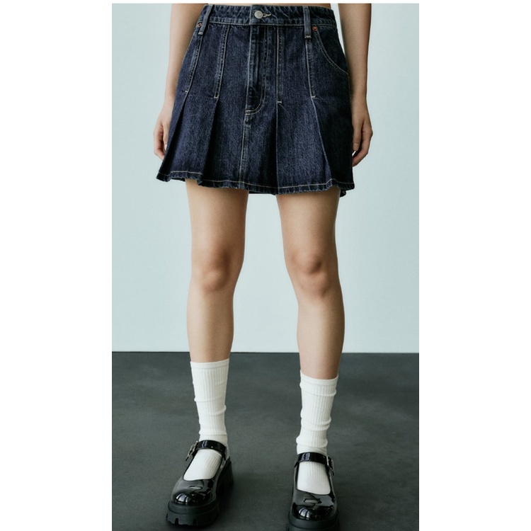 Zara Bộ Áo Khoác Sát Nách Cổ Chữ v + Chân Váy denim Xếp Ly Thời Trang Thu Đông 233216212 3216270