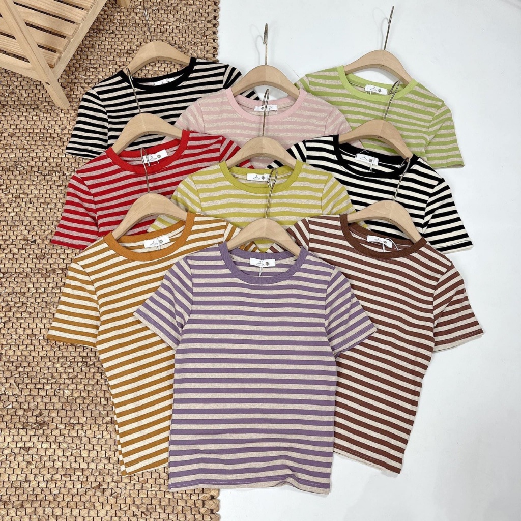 Áo thun nữ tay ngắn cổ tròn kẻ sọc hàng Quảng Châu chất cotton, áo phông mùa hè thời trang hàn quốc chất liệu mát 2752 5