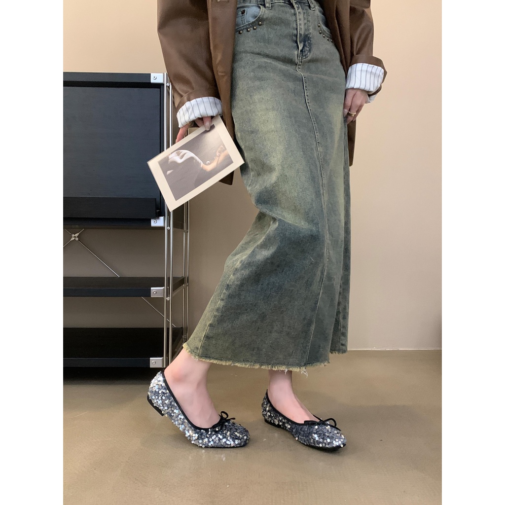 Giày Búp Bê mary jane Đế Bằng Đính Kim Sa Lấp Lánh Phong Cách retro Pháp Cho Nữ