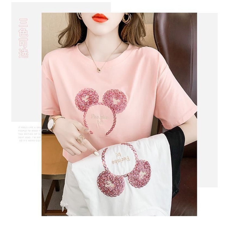 Áo Thun Tay Ngắn Cổ Tròn Thêu Họa Tiết Hoạt Hình Đính Sequin Lấp Lánh Thời Trang Mùa Hè Cho Nữ