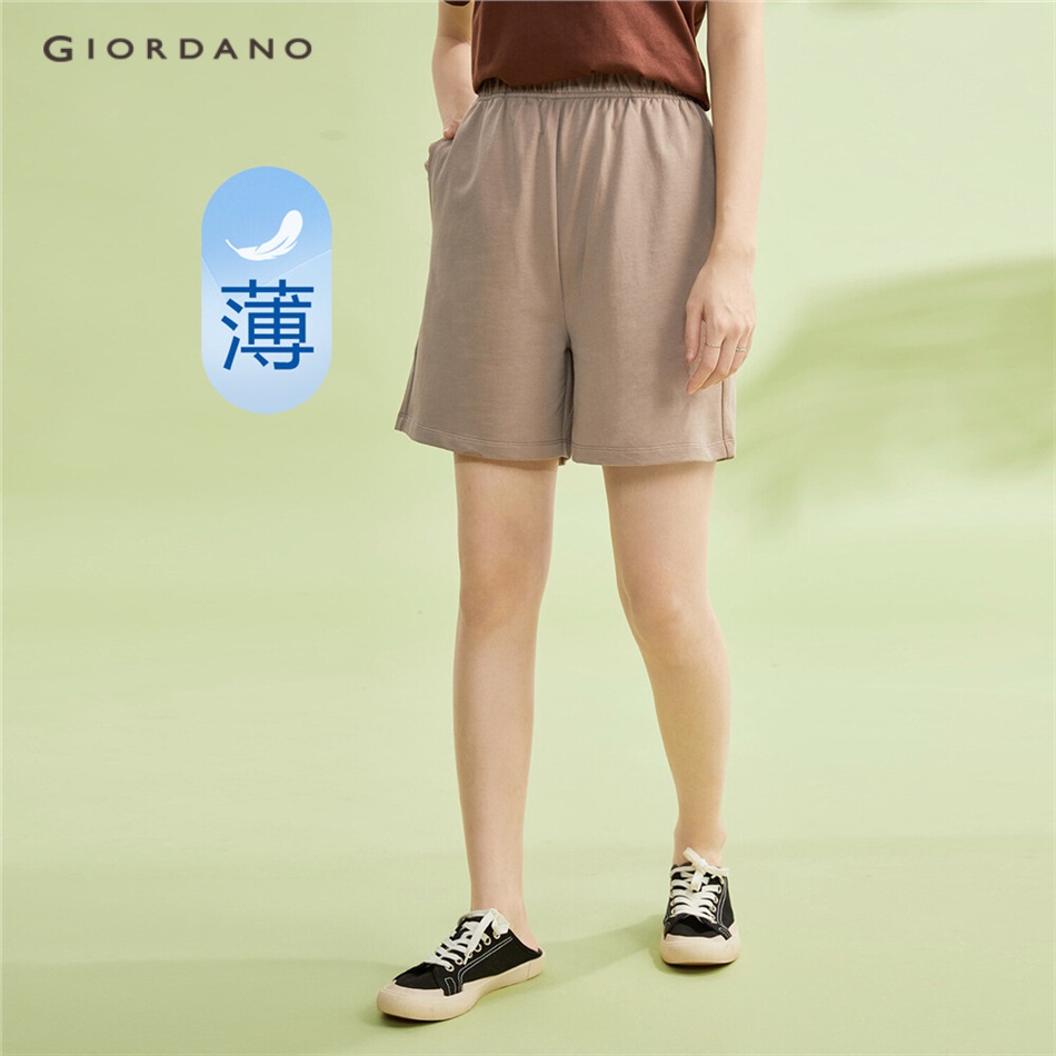 Quần short terry GIORDANO 05403325 dáng rộng vải cotton eo thun cho nữ